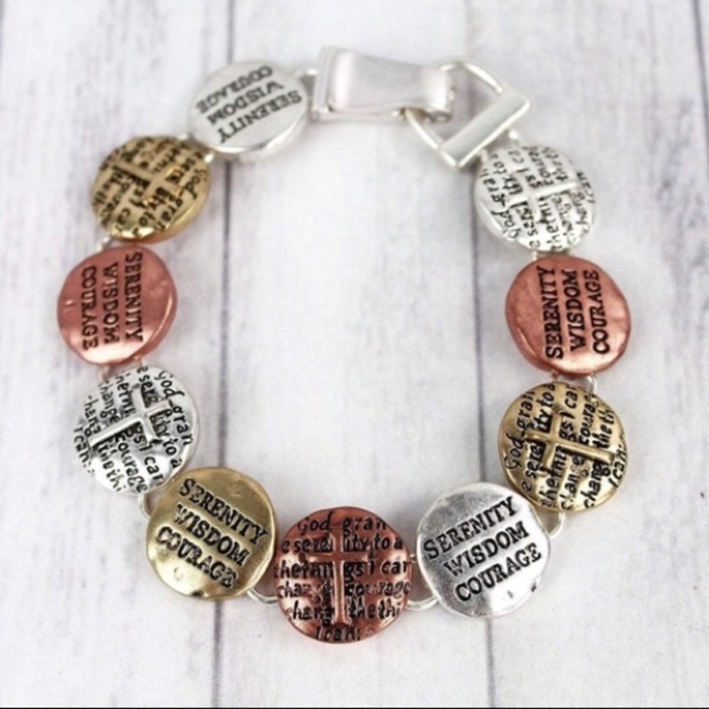 “SERENITY WISDOM COURAGE” Disk Worn Tri-Tone Magnetic Bracelet